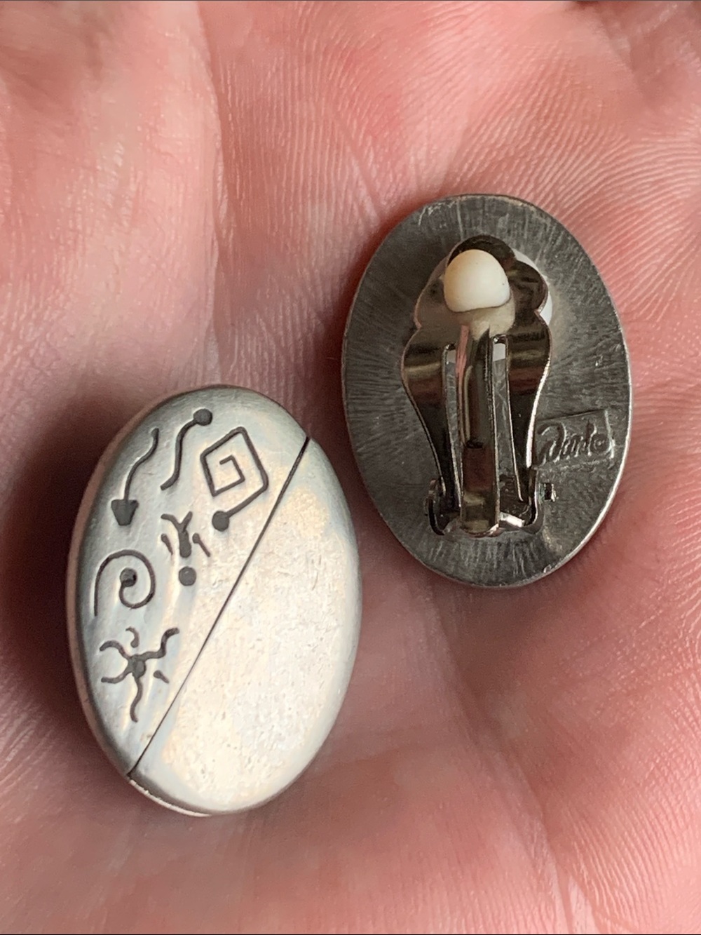 Vintage Duri Clip-On Earrings Silver Tone Abstract Modernist Oval Signed